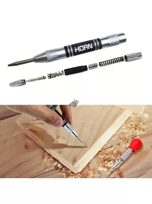 1 db szuper erős, ötvözet, volfrámacél hegyű automata centrális lyukasztó – állítható, rugós, fém fúrószerszám famegmunkáláshoz és jelöléshez