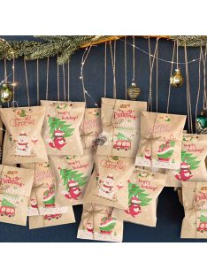   24db, Retro karácsonyi papír zacskó matricákkal Mikulás Hóember Róka
