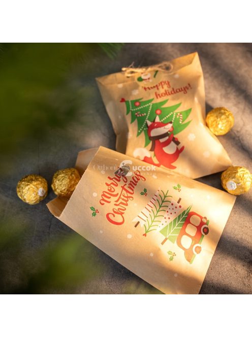 24db, Retro karácsonyi papír zacskó matricákkal Mikulás Hóember Róka