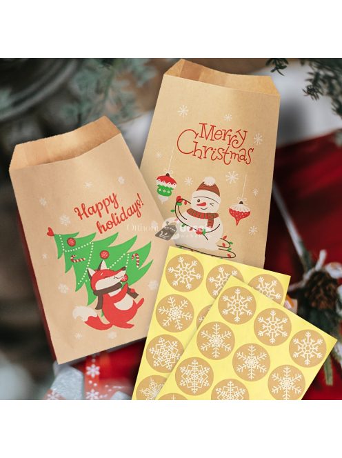 24db, Retro karácsonyi papír zacskó matricákkal Mikulás Hóember Róka