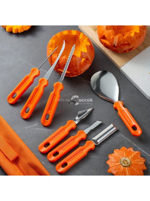 7 részes rozsdamentes acél tökfaragó késkészlet tároló táskával - Tökéletes Halloweeni dekorációhoz