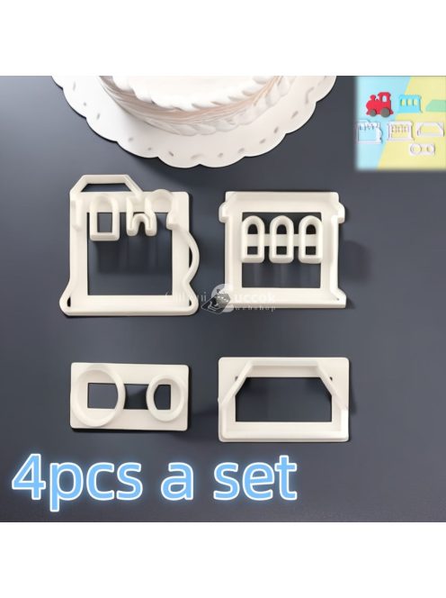 4 darabos vonat-témájú süteményszaggató készlet - Tartós műanyag kekszformák tortadíszítéshez és sütéshez, tökéletes konyhai eszközök