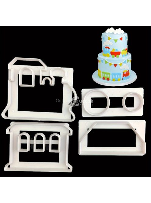 4 darabos vonat-témájú süteményszaggató készlet - Tartós műanyag kekszformák tortadíszítéshez és sütéshez, tökéletes konyhai eszközök