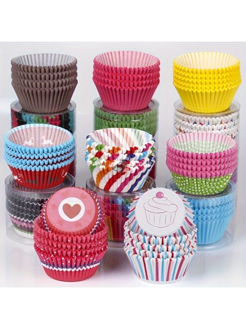 100 db-os kevert cupcake papír - Olajálló papír sütőformák muffinokhoz és cupcake-ekhez, Élelmiszerbiztonságos, vegyes minták konyhai használatra