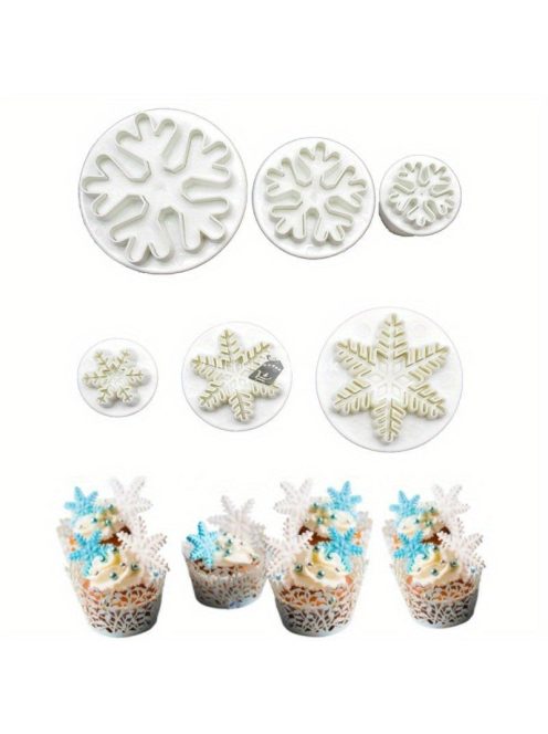 3 részes hópehely alakú rugós kekszvágó készlet, műanyag karácsonyi témájú gumicukor formák az ünnepi sütéshez