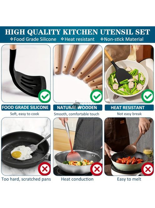 43db/szett, Szilikon Edénykészlet, Tapadásmentes, Hőálló Konyhai Edénylapát Készlet Fa Nyéllel Sütéshez, Főzéshez, Keveréshez,