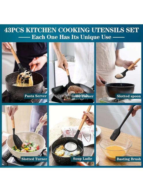 43db/szett, Szilikon Edénykészlet, Tapadásmentes, Hőálló Konyhai Edénylapát Készlet Fa Nyéllel Sütéshez, Főzéshez, Keveréshez,