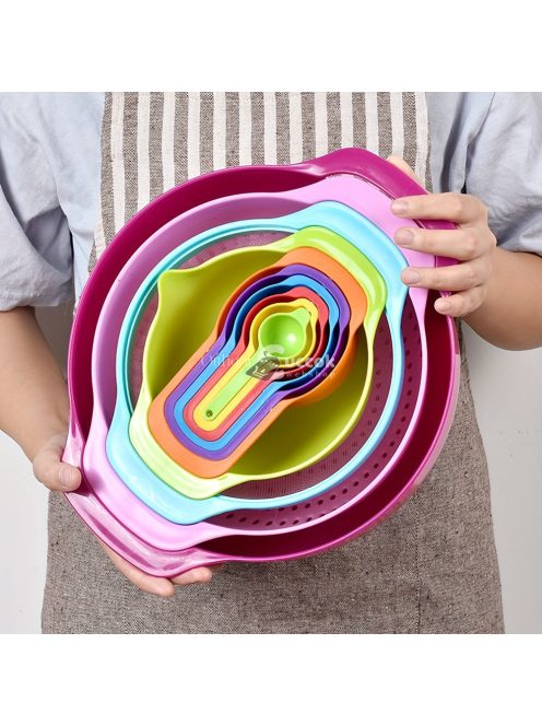 10db/Szett Keverőtál, Színes mérőpohár és kanalak, Salátástál készlet, Műanyag mérőpoharak készlet, Sütőedény, Konyhai mérőszűrő