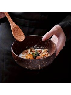   Kézzel készített kókuszdió héjból készült salátástál szett fa kanalállal