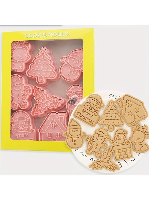 8 részes karácsonyi süti kiszúró készlet: Mézeskalács ember, karácsonyfa, hóember, Mikulás, harangok, hópelyhek, Boldog karácsonyt