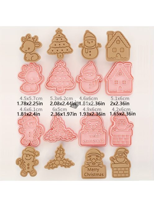 8 részes karácsonyi süti kiszúró készlet: Mézeskalács ember, karácsonyfa, hóember, Mikulás, harangok, hópelyhek, Boldog karácsonyt