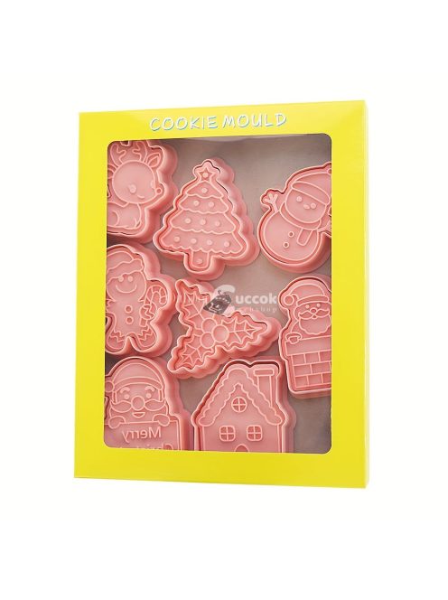 8 részes karácsonyi süti kiszúró készlet: Mézeskalács ember, karácsonyfa, hóember, Mikulás, harangok, hópelyhek, Boldog karácsonyt