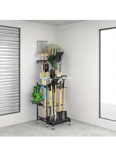   Strapabíró fém kerti szerszámos szervező horoggal - Rozsdamentes, nagy kapacitású tároló hosszú nyelű szerszámokhoz