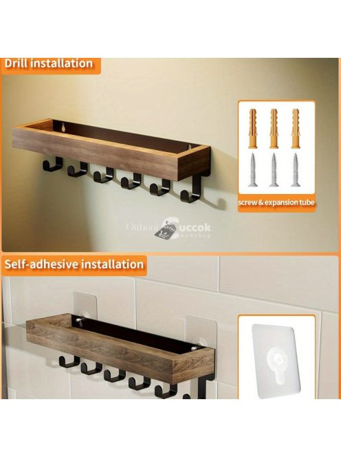 Falra szerelhető Fa ruhafogas, kulcstartó tálcával