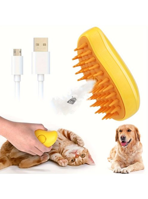 3 az 1-ben USB-s gőzkefe macskáknak és kutyáknak, szilikon háziállat-ápoló masszázs kefe