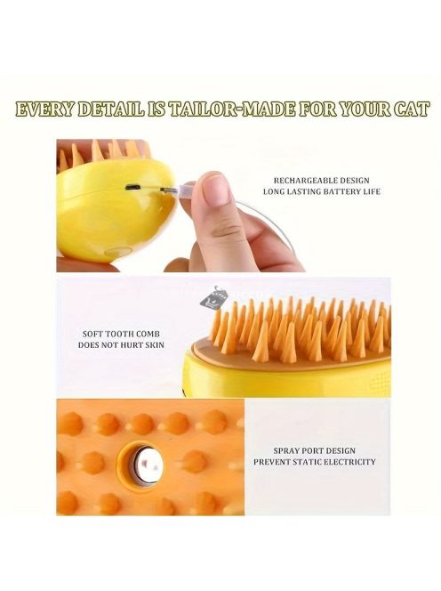 3 az 1-ben USB-s gőzkefe macskáknak és kutyáknak, szilikon háziállat-ápoló masszázs kefe