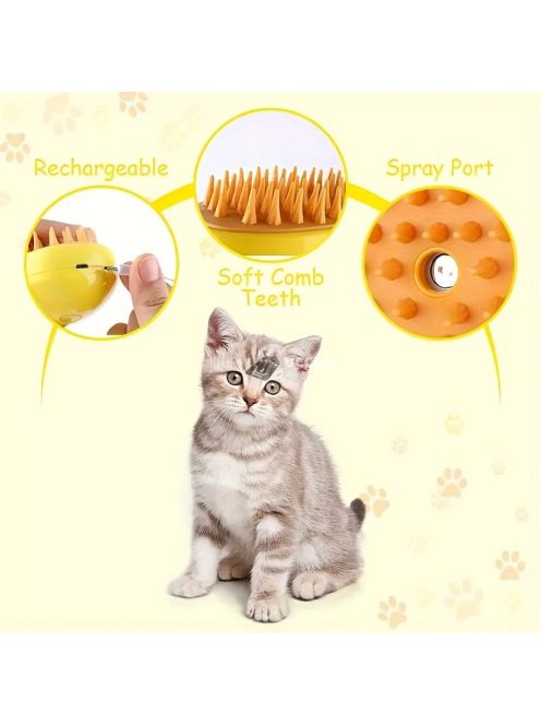 3 az 1-ben USB-s gőzkefe macskáknak és kutyáknak, szilikon háziállat-ápoló masszázs kefe