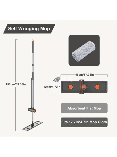 Öncsavarós, rozsdamentes acélból készült lapos felmosó 4 újrafelhasználható párnával
