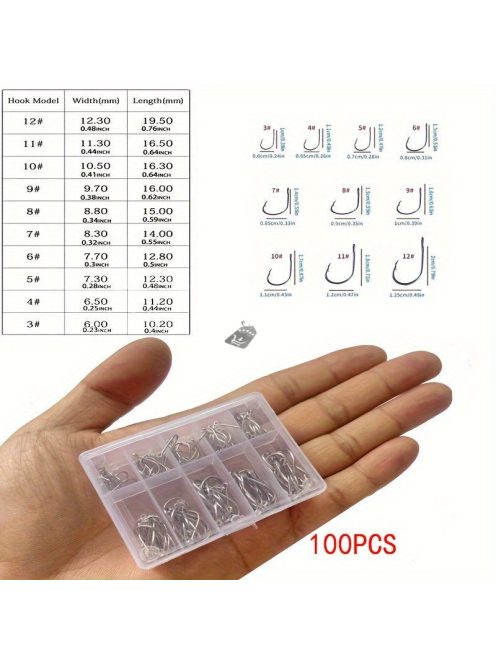 100db  horgász szett, szénacél egyszöges horog