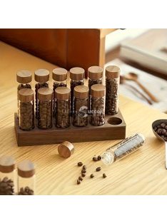   12 darabos üveg kávébab tárolóedény készlet diófa talppal
