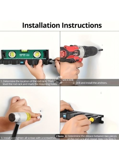 2 db horgászbot tároló állvány, vízszintesen falra szerelhető horgászbottartó