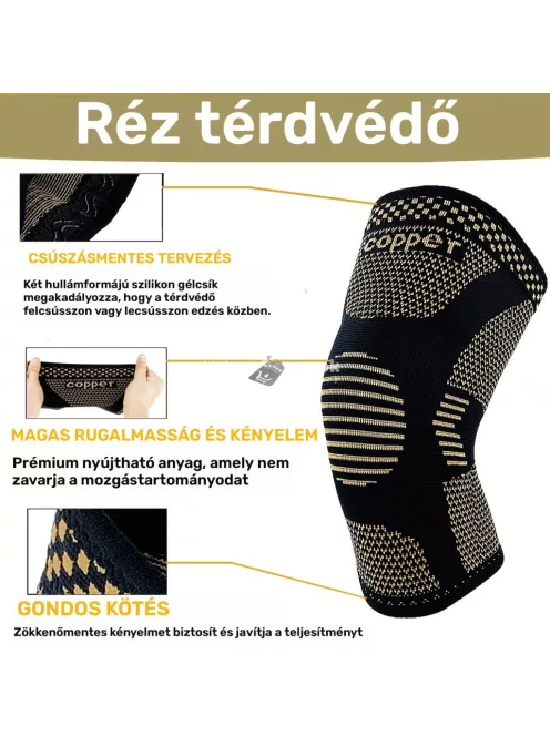 Rézbe átitatott kompressziós térdvédő, térdtámasz M méret (28 cm hosszú, felsőrész 16.5 cm, lábméret 36–42 cm)