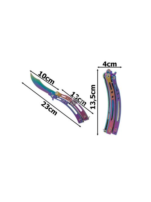 Szivárvány színű penge, éles, összecsukható pillangókés