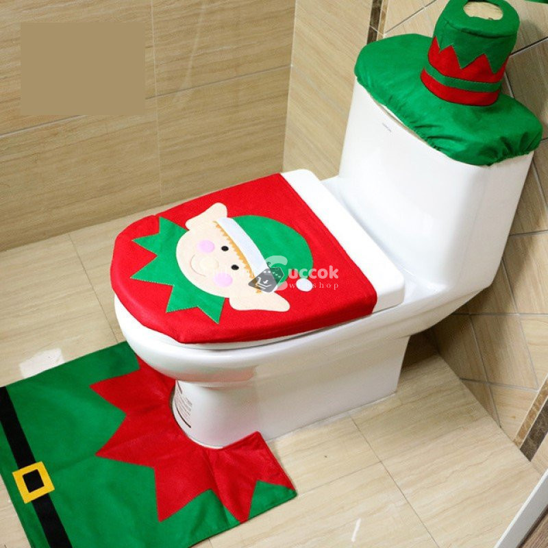 Image of Karácsonyi WC ülőke huzat szett Manós dekorációval ünnepi hangulathoz