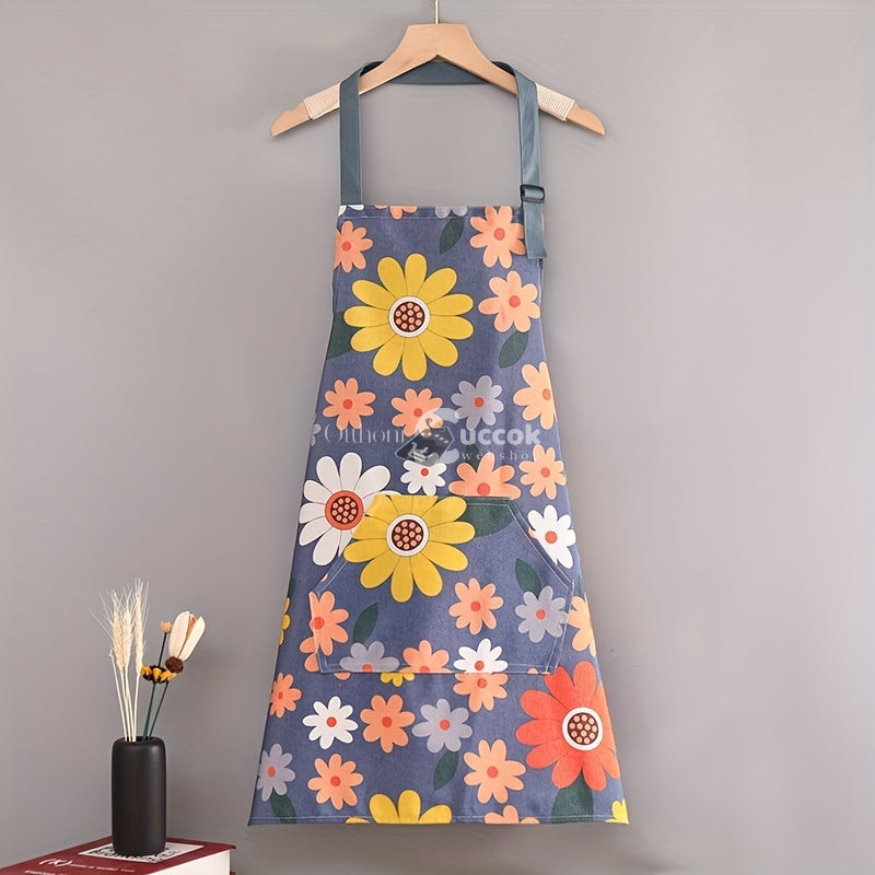 Image of Virágmintás Vízálló és Olajálló Konyhai Kötény Nagy Zsebbel - 1. Stílus