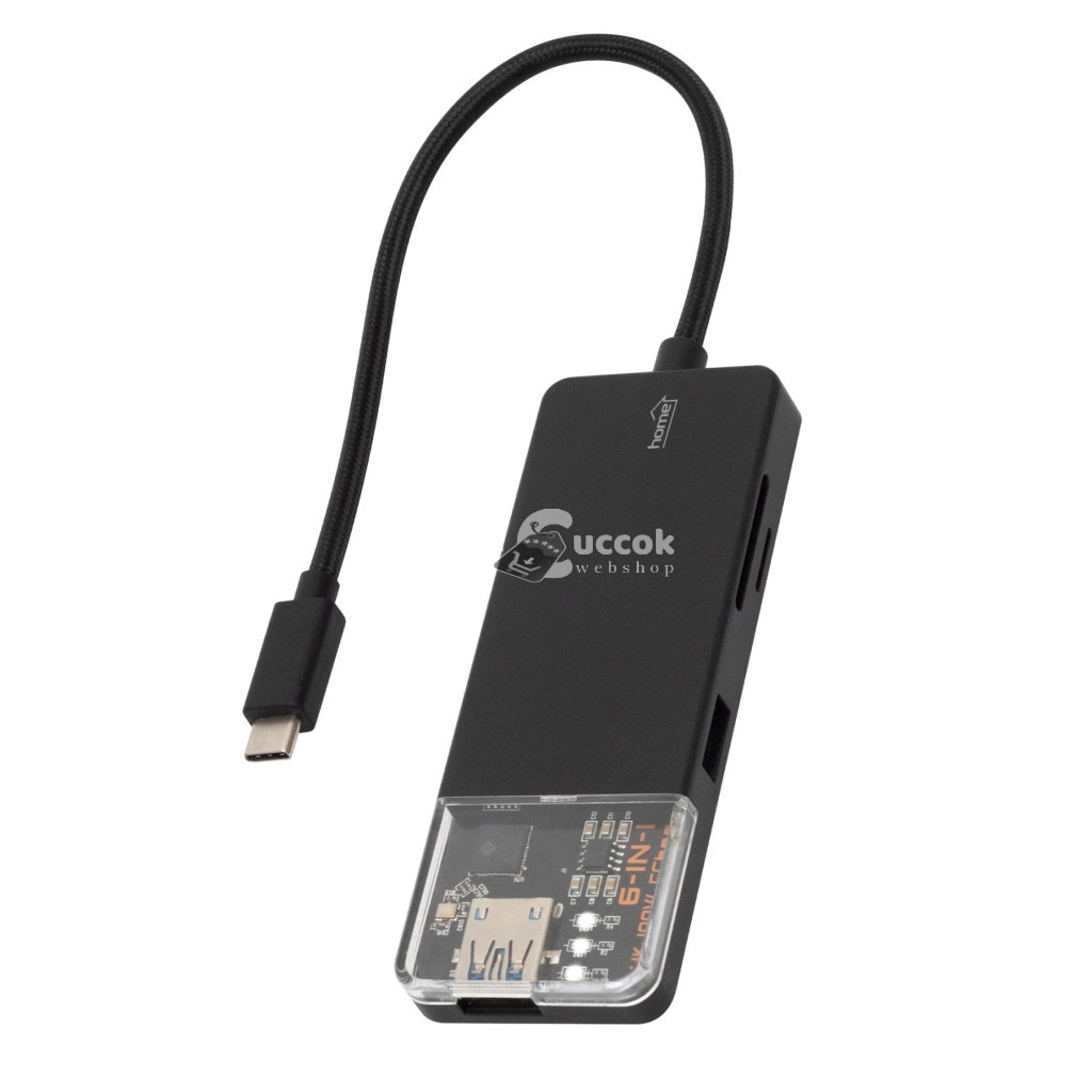 Image of Home USBHUB6 dokkoló állomás, 4K HDMI, egér, billentyűzet, TF/microSD, SD, USB tároló, merevlemez, ~100 W PD, plug &amp; play, LED visszajelzés