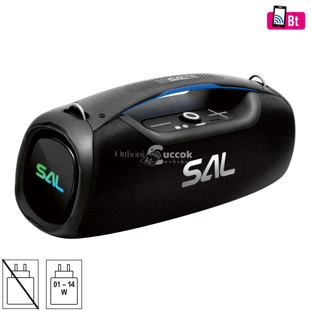 Image of SAL BT9000 hordozható boombox, vezeték nélküli hangszóró, 100 W, IPX5, BT TWS, AUX, USB/microSD, Soft Touch gombok, ~10 h üzemidő, USB-C töltőkábel