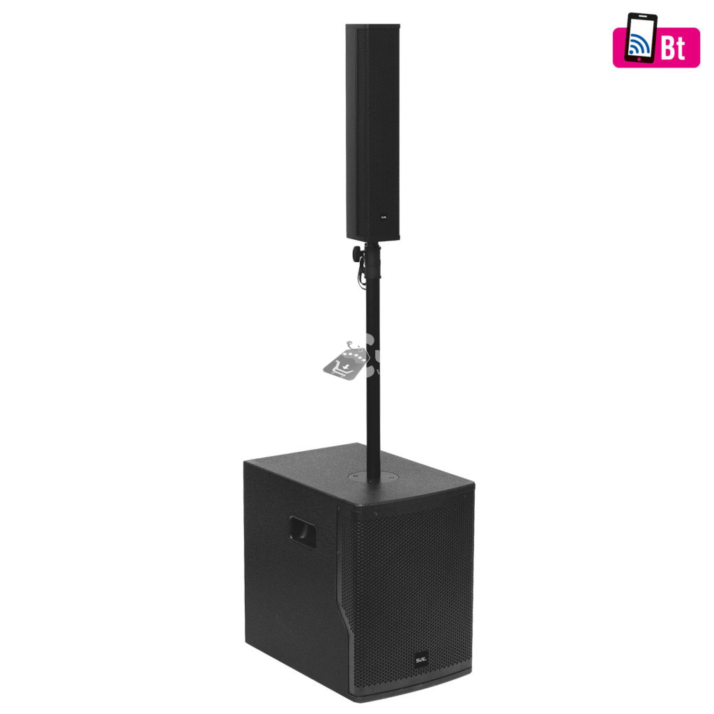 Image of SAL PAS10W43S professzionális oszlopsugárzó hangrendszer, 25cm mélysugárzó, 4x3” szélessávú satellit hangszóró, aktív zenekari hangdoboz, Bluetooth, fém állvány