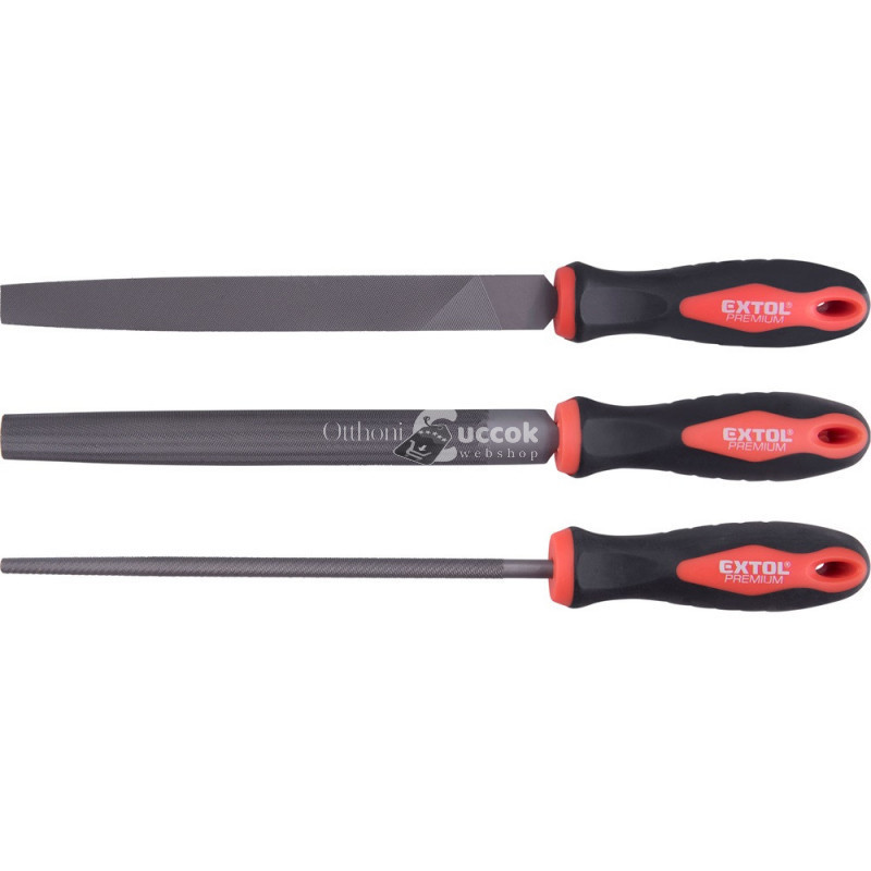 Image of EXTOL PREMIUM fémreszelő klt., 3 db (lapos, félkerek, kerek), 200mm, T12 acél, vágat 2, finom, TPR gumis műanyag nyél