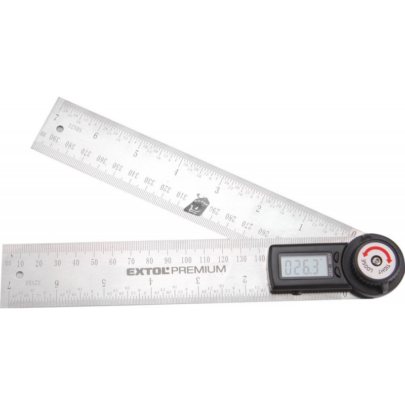 Image of EXTOL PREMIUM digitális szögmérő-vonalzó, szög- és hosszmérésre, 0-360°, pontosság: ±0,3°, 2×200 mm, Alu szár mm és coll beosztá
