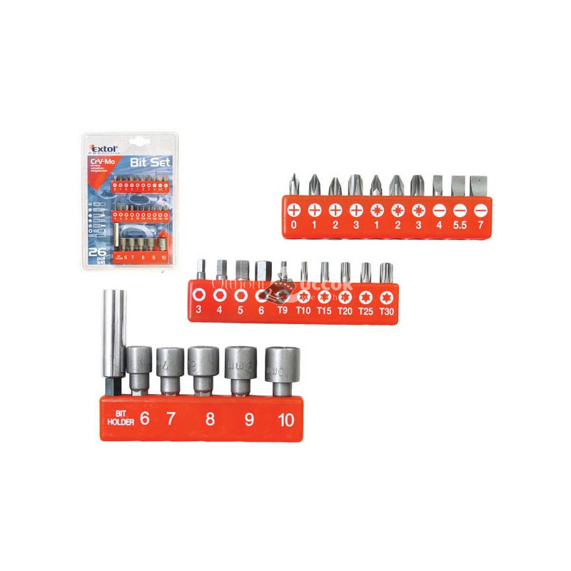 Image of EXTOL PREMIUM bit klt. 26db CV.-Mo ; PH,PZ,lapos,torx, hexagonális, mágn. bittartó, dugókulcsok