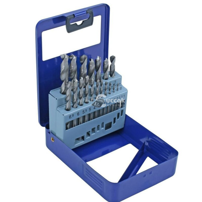 Image of 19 részes fém fúrószár készlet, fém dobozban, tárolóállvánnyal