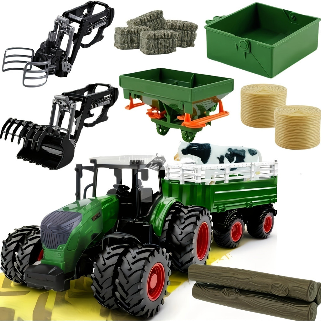 Image of 41,91 cm-es 1/24-es méretarányú farm traktor játékkészlet pótkocsival