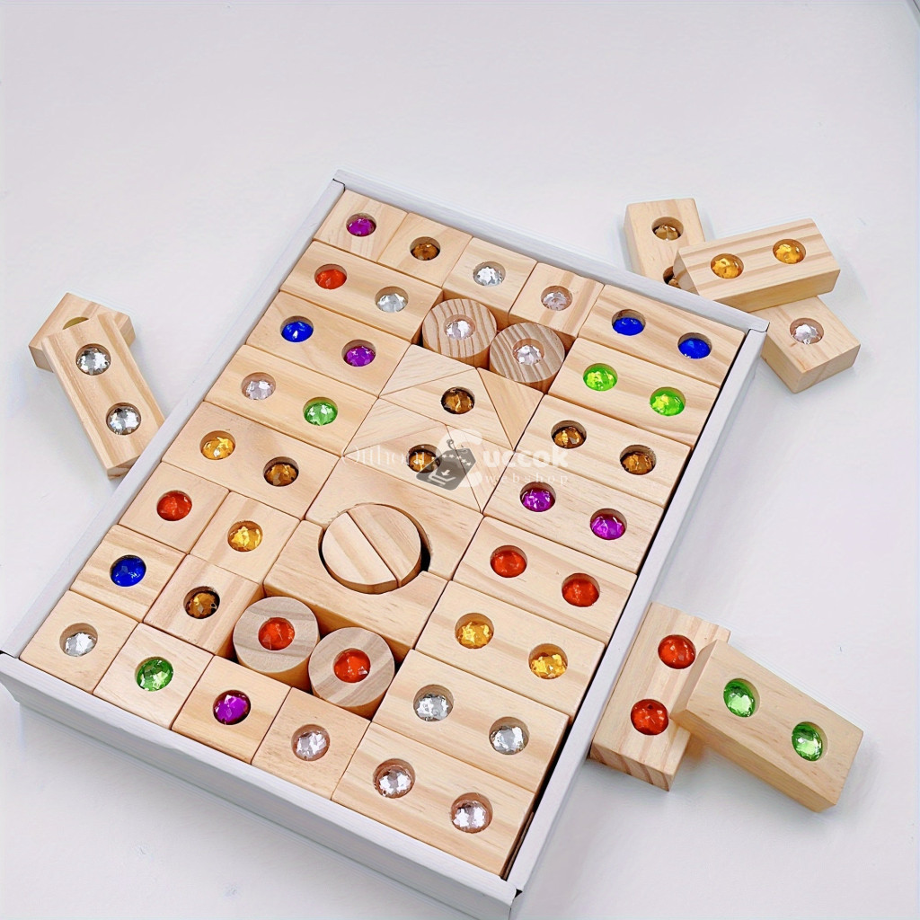 Image of Drágakő építőelemek, fa építő geometriai alakú játék