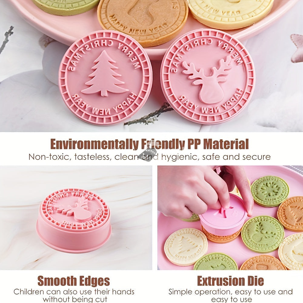 Image of 9db karácsonyi süteményvágók, 3D dombornyomó készlet 3D barkács rajzfilm préselhető kekszforma DIY sütibélyegző konyhai kiegészítők péksütemények sütőedények