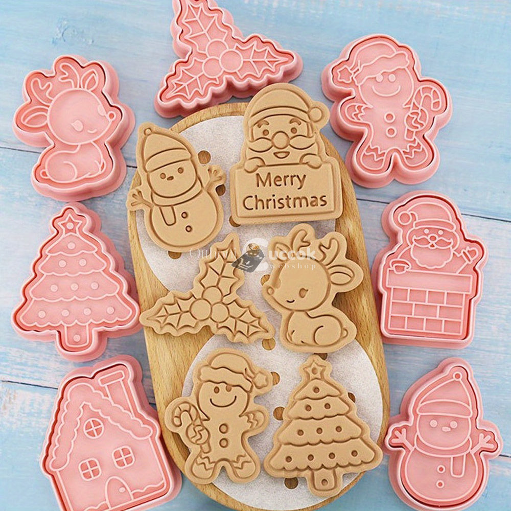 Image of 8 részes karácsonyi süti kiszúró készlet: Mézeskalács ember, karácsonyfa, hóember, Mikulás, harangok, hópelyhek, Boldog karácsonyt